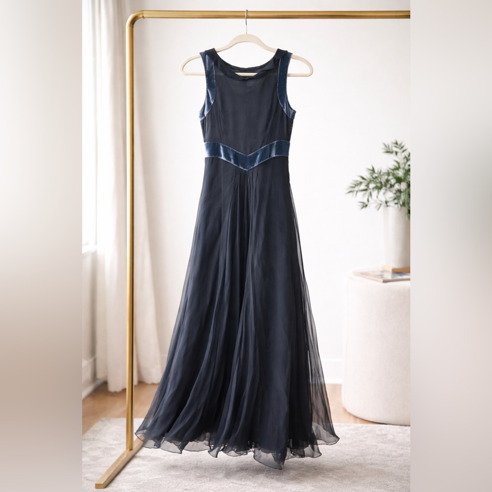 Emporio Armani Silk Chiffon Velvet Waist Midi Dress Made in Italy IT 38 (US 2)